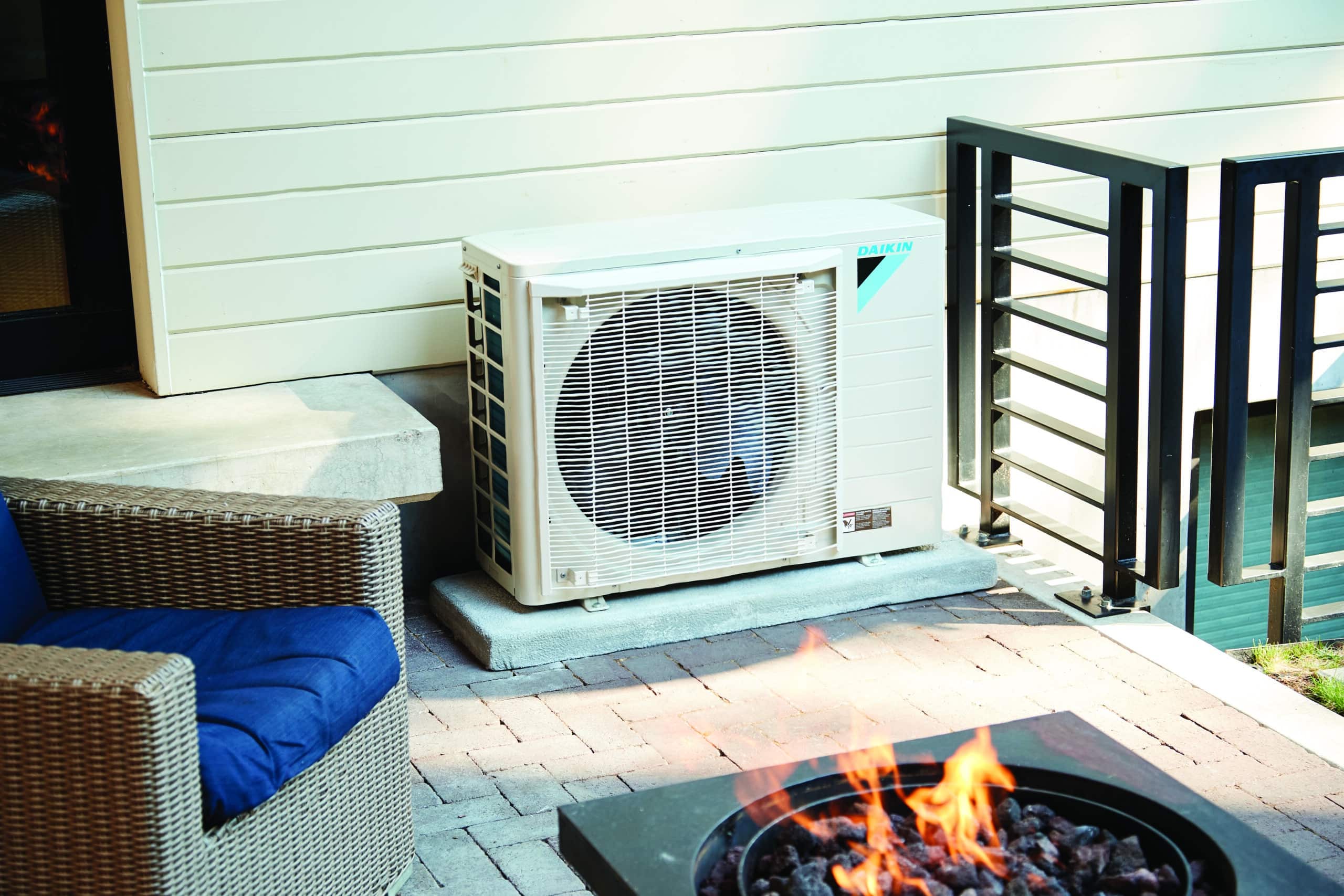 Daikin Fit heat pump outside close on the patio as it functions so quietly
