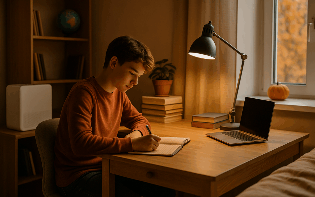 Student studying at a desk in a cozy bedroom — fall back-to-school indoor air quality tips.
