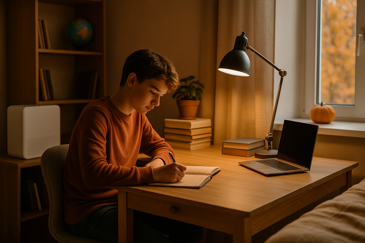 Student studying at a desk in a cozy bedroom — fall back-to-school indoor air quality tips.
