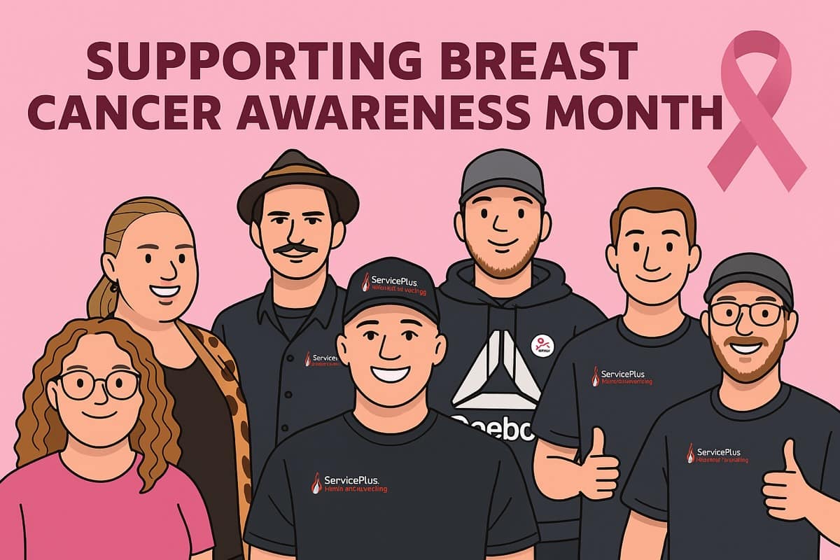 ServicePlus team in cartoon supporting breast cancer awareness