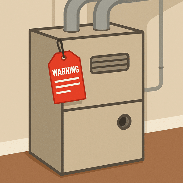 Illustration of a home furnace with a red warning tag representing TSSA safety notices.
