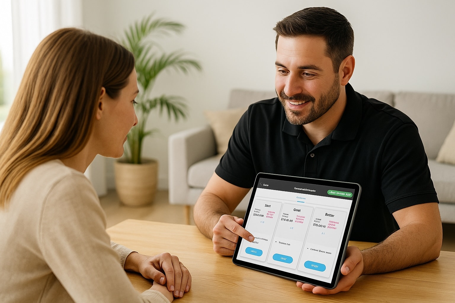 Technician showing the homeowner some lease and rental options through Enbridge Sustain