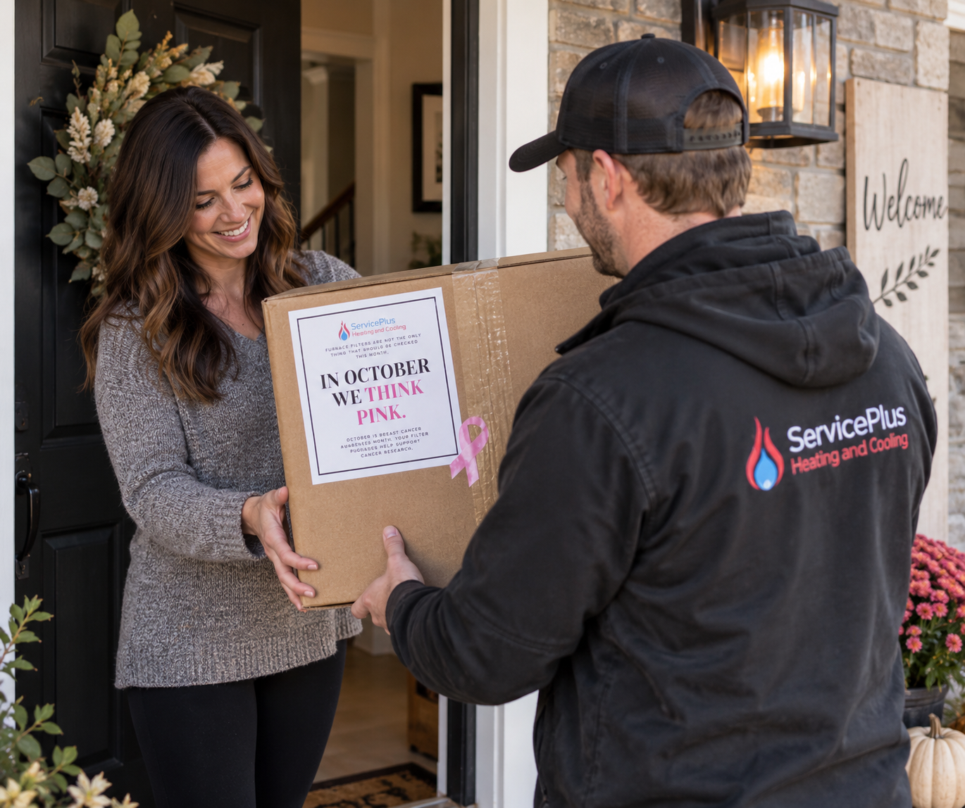 Homeowner receiving a box of furnace filters that support breast cancer. 