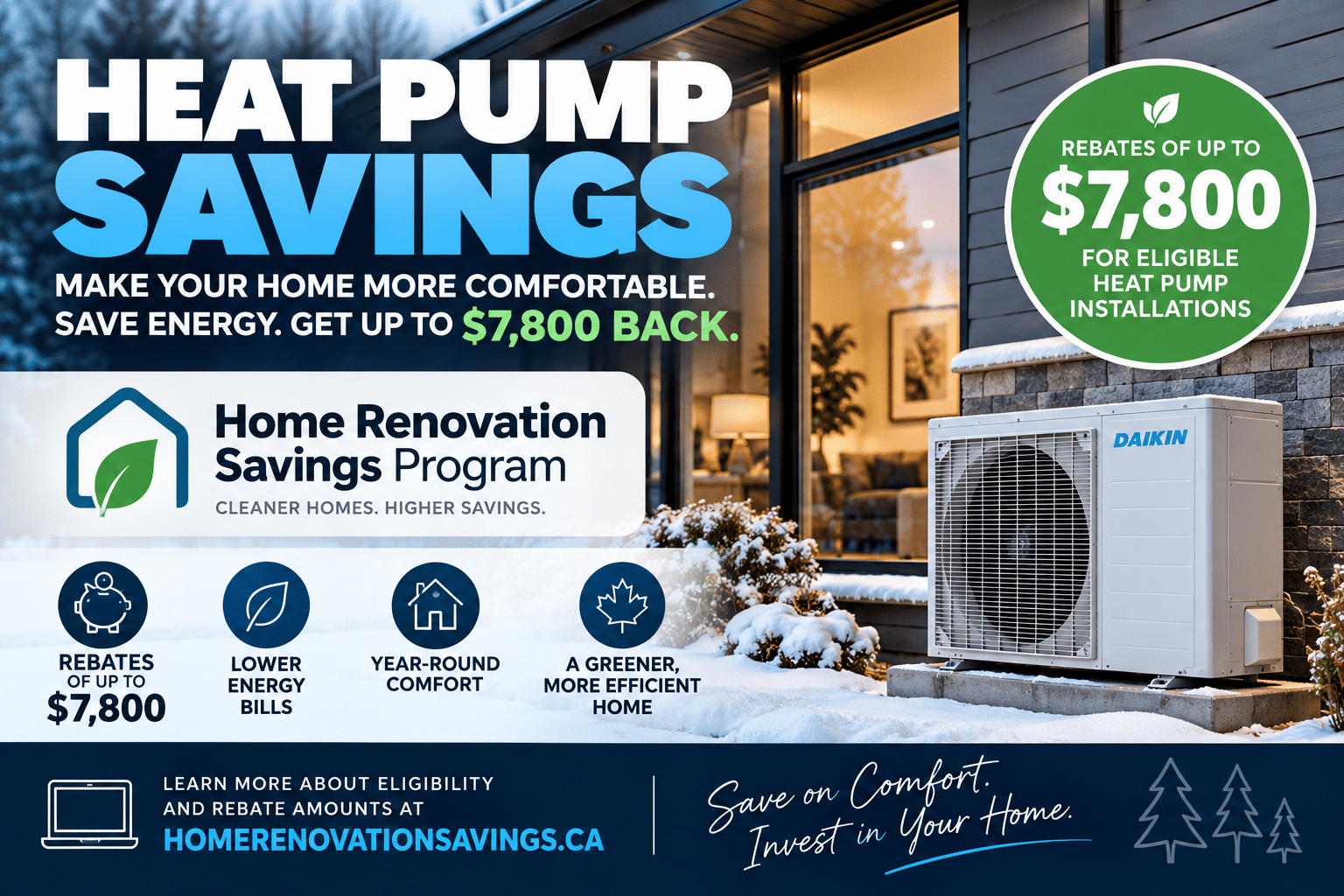 Home Renovation Savings Program promotion featuring a Daikin heat pump outside a modern home, highlighting rebates of up to $7,800 for eligible heat pump installations.